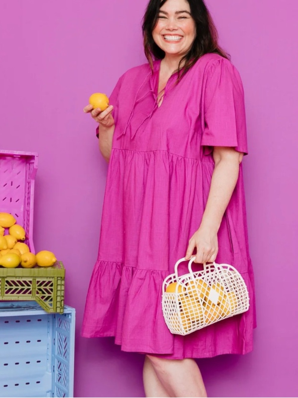 Mata Traders Fuchsia Tiered Babydoll Dress with Pockets in 1X
